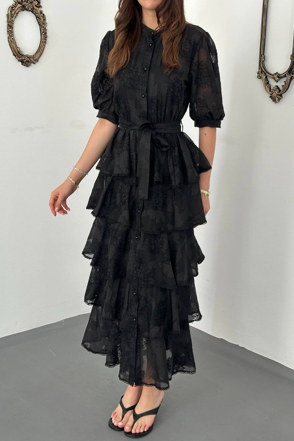 Wholesale Black Tiered Jacquard Dress