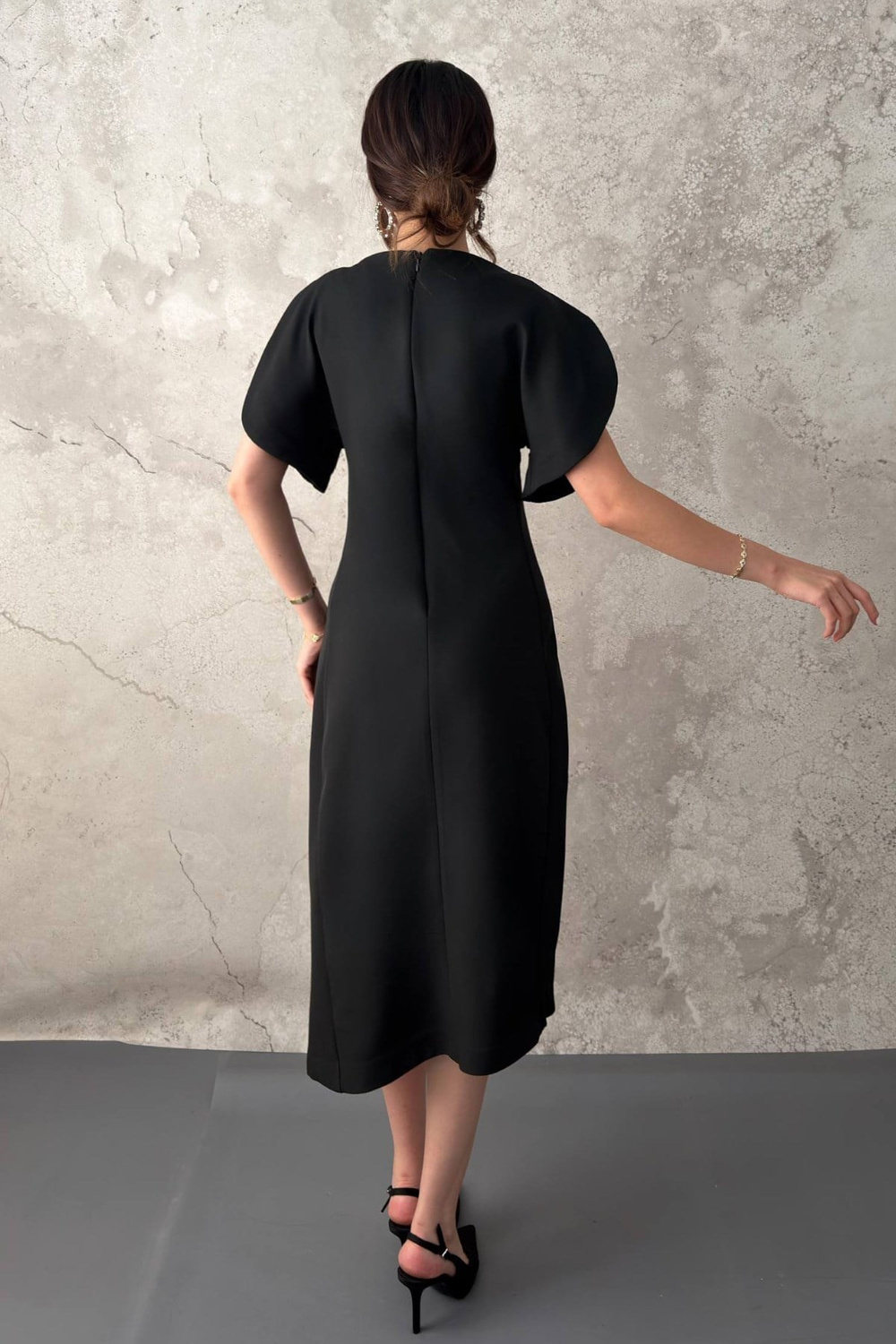 Wholesale Black Petal-Sleeve Boat-Neck Dress