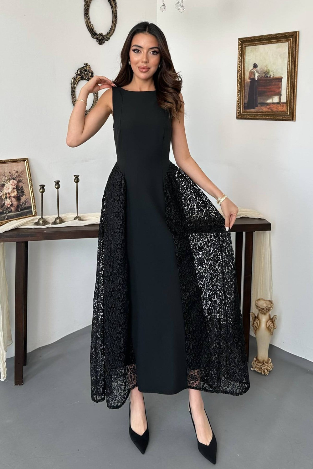 Wholesale Womens Black Dress with Lace Side Panels