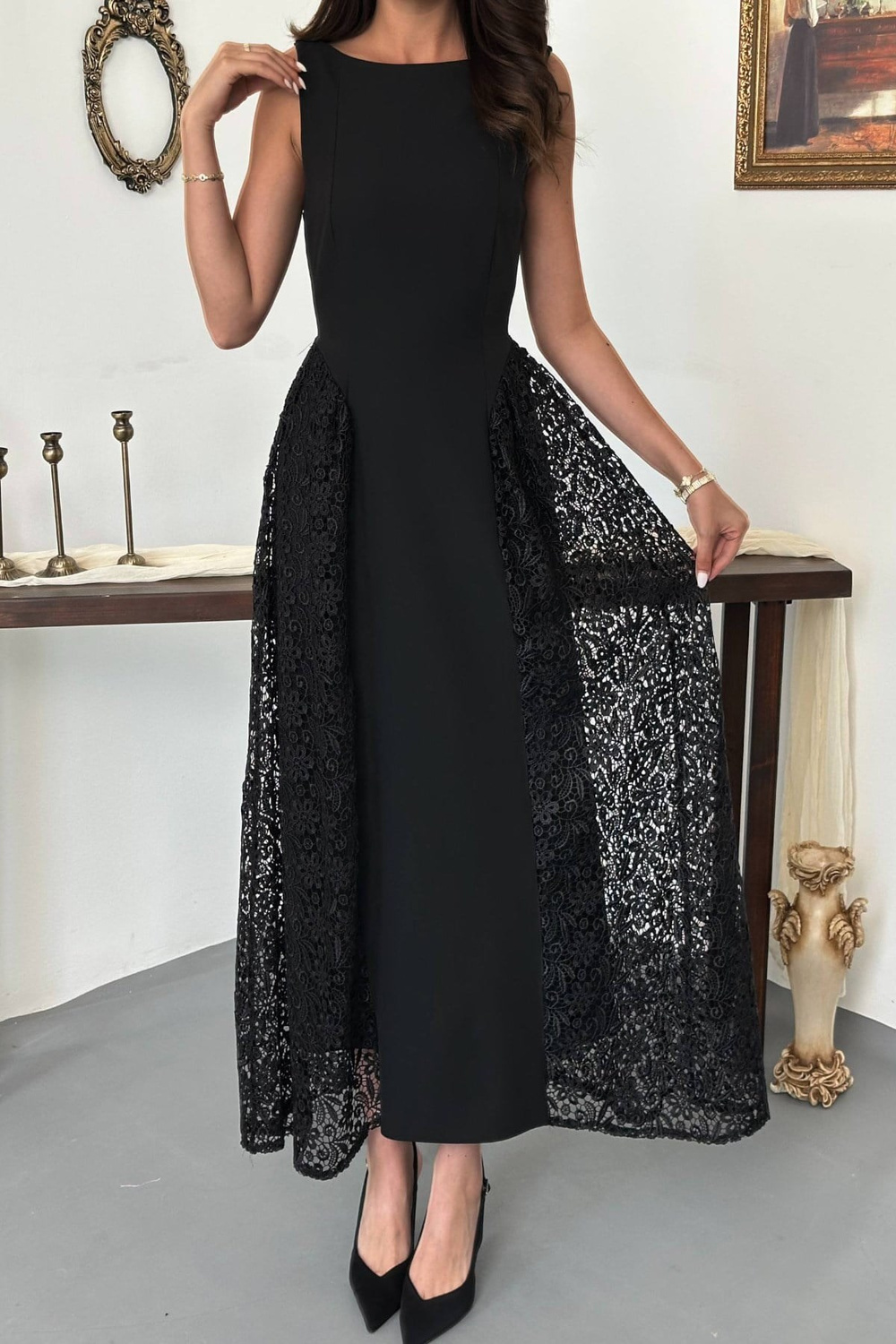 Wholesale Womens Black Dress with Lace Side Panels