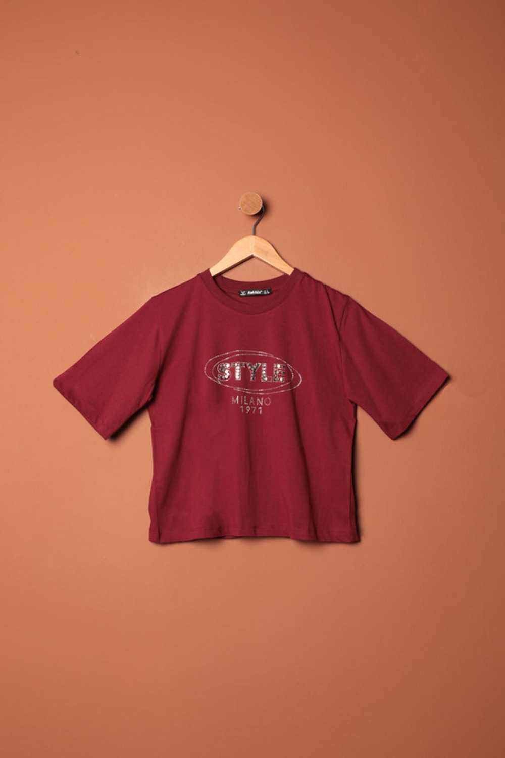 Stone Detailed Womens T-Shirt-Burgundy