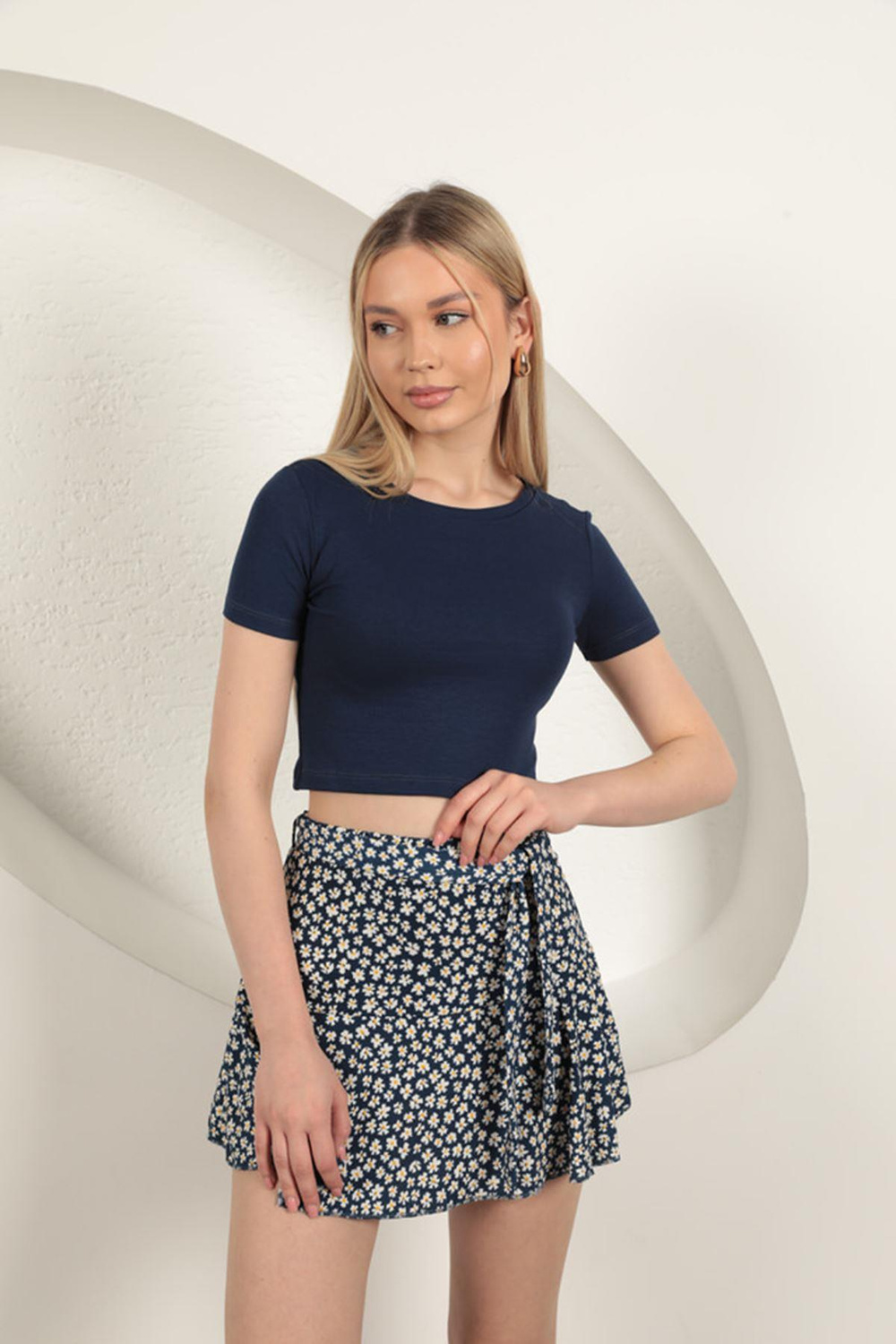 Strawberry Viscose Fabric Basic Crop-Navy Blue