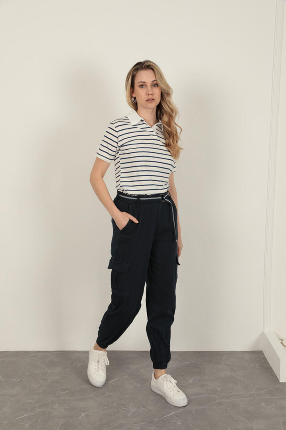 Striped Womens T-Shirt-Navy Blue