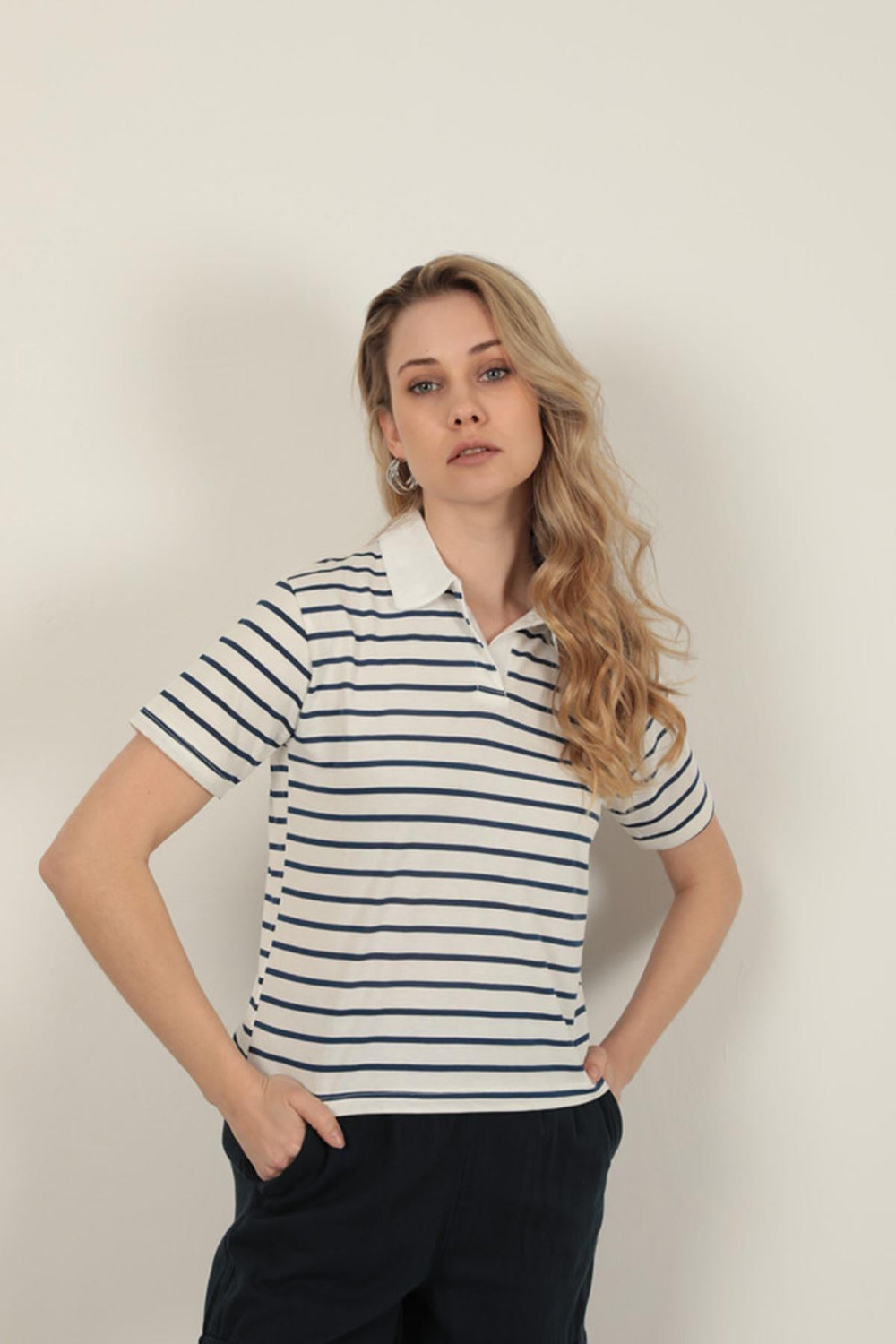 Striped Womens T-Shirt-Navy Blue