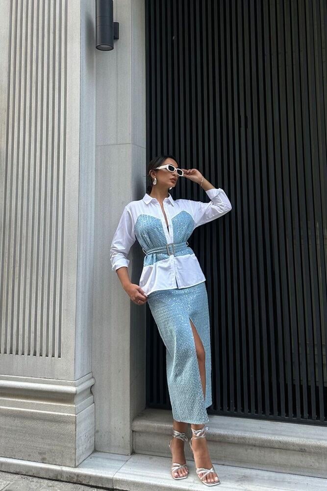 TOPSHOW Pattern 1 Blue Sequin Denim Wholesale Skirt