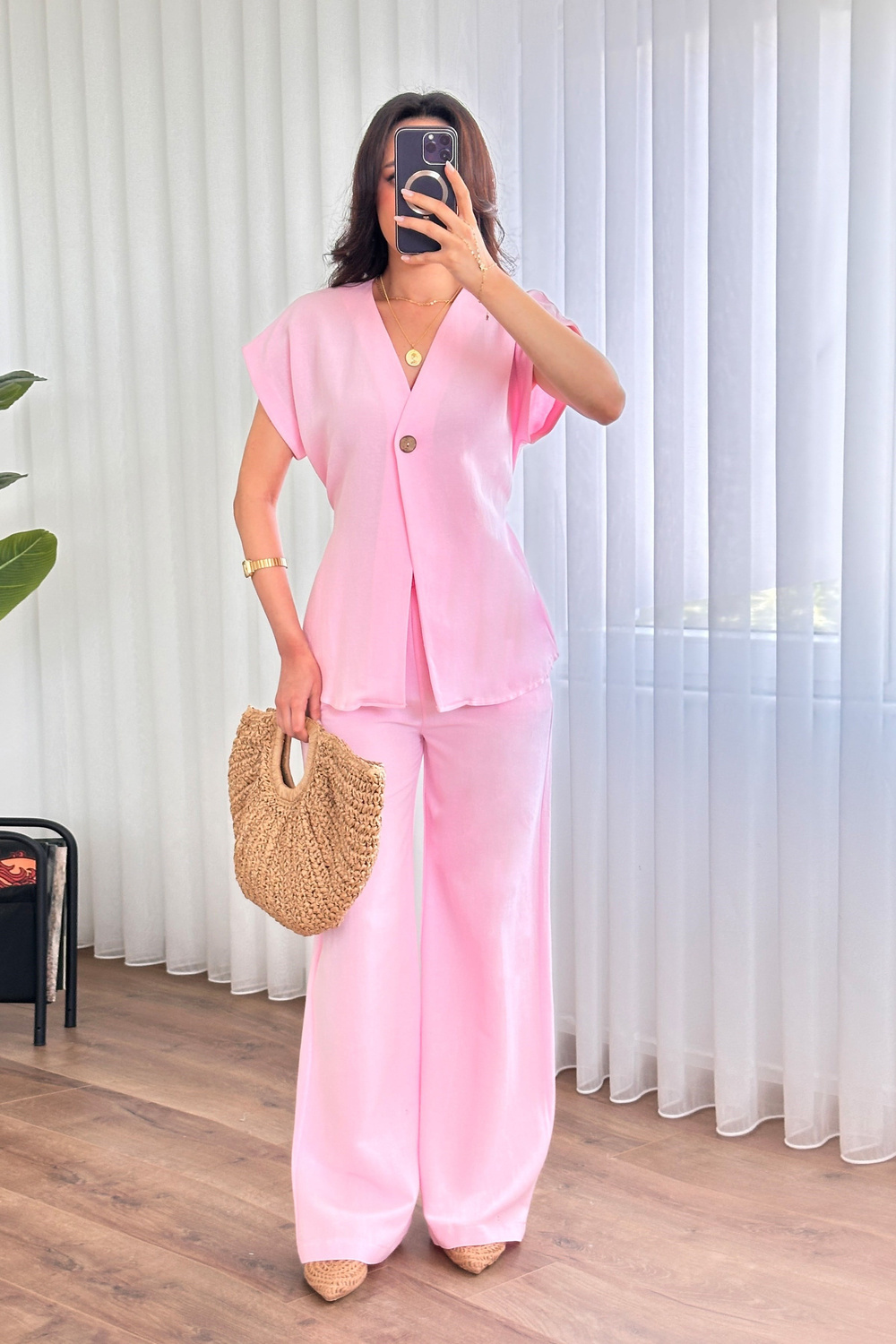 Tek Düğme Beli Bağlamalı Keten Toptan Pembe İkili Takım