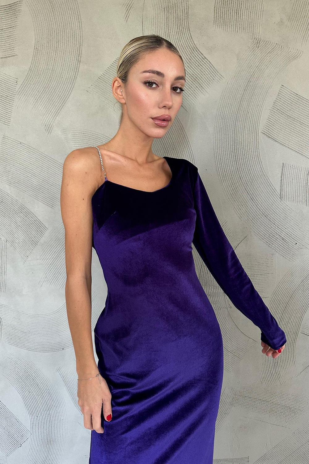 Wholesale One-Shoulder Stone Strap Dress - Purple