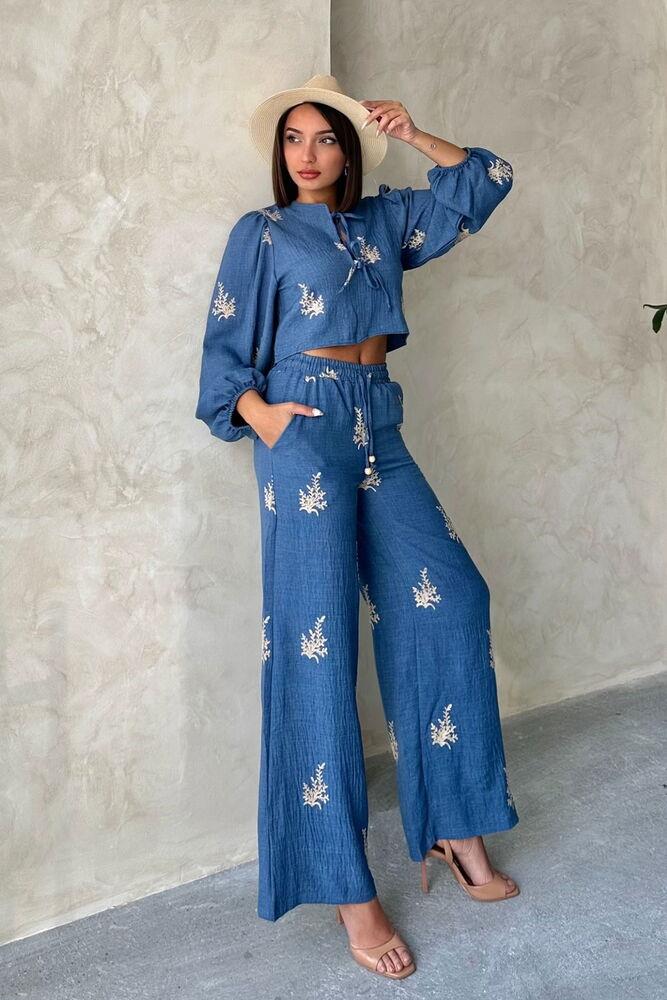 Wholesale Linen Trousers with Embroidery Detail - Blue