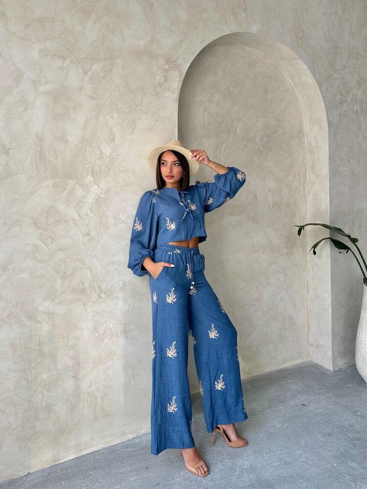 Wholesale Linen Trousers with Embroidery Detail - Blue