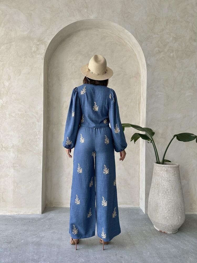 Wholesale Linen Trousers with Embroidery Detail - Blue