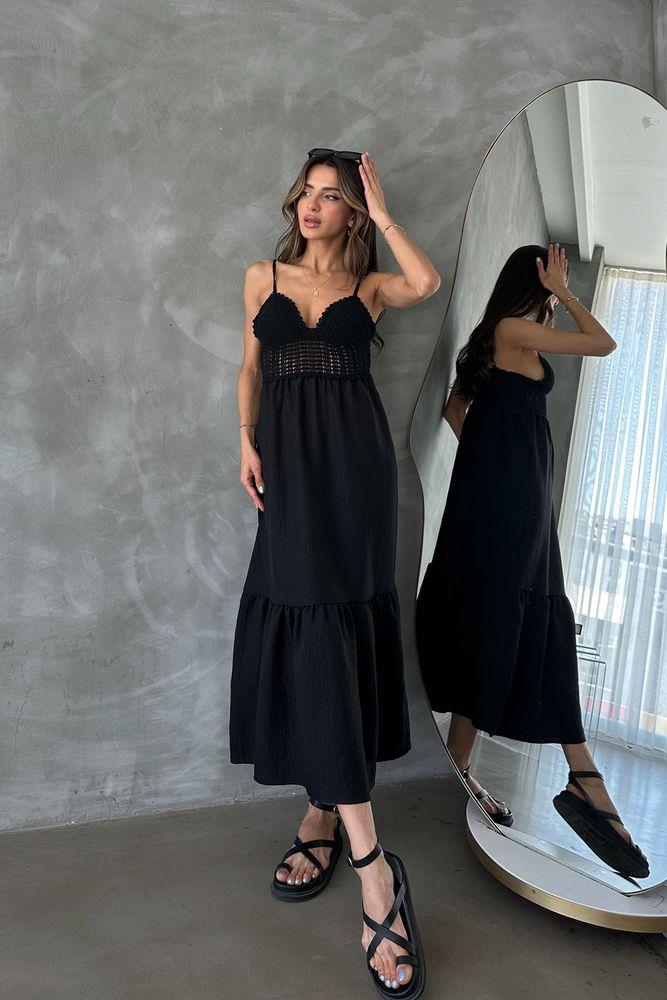 Topshow Black Linen Straps V Neck Wholesale Dress