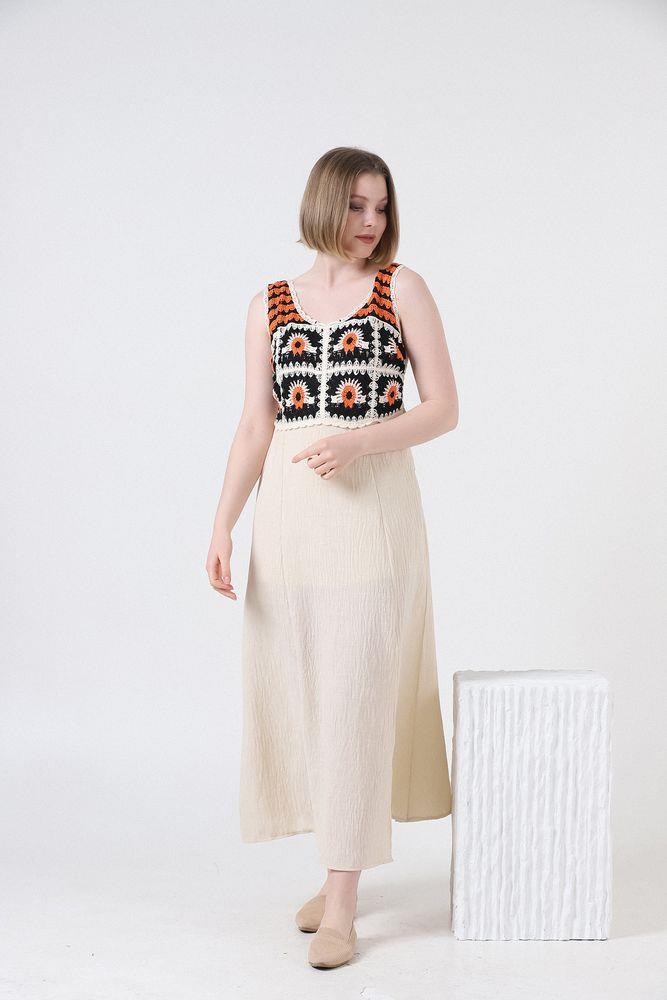 Topshow Stone Oranj Size Applique Straps Linen Wholesale Dress