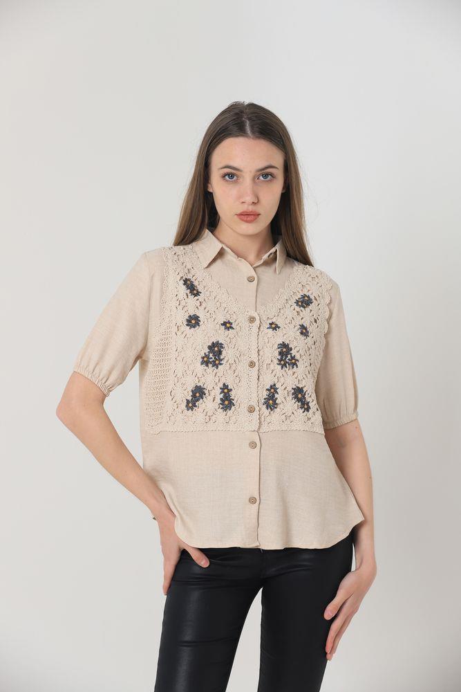 Topshow Stone Half Sleeve Lace Detailed Wholesale Shirt