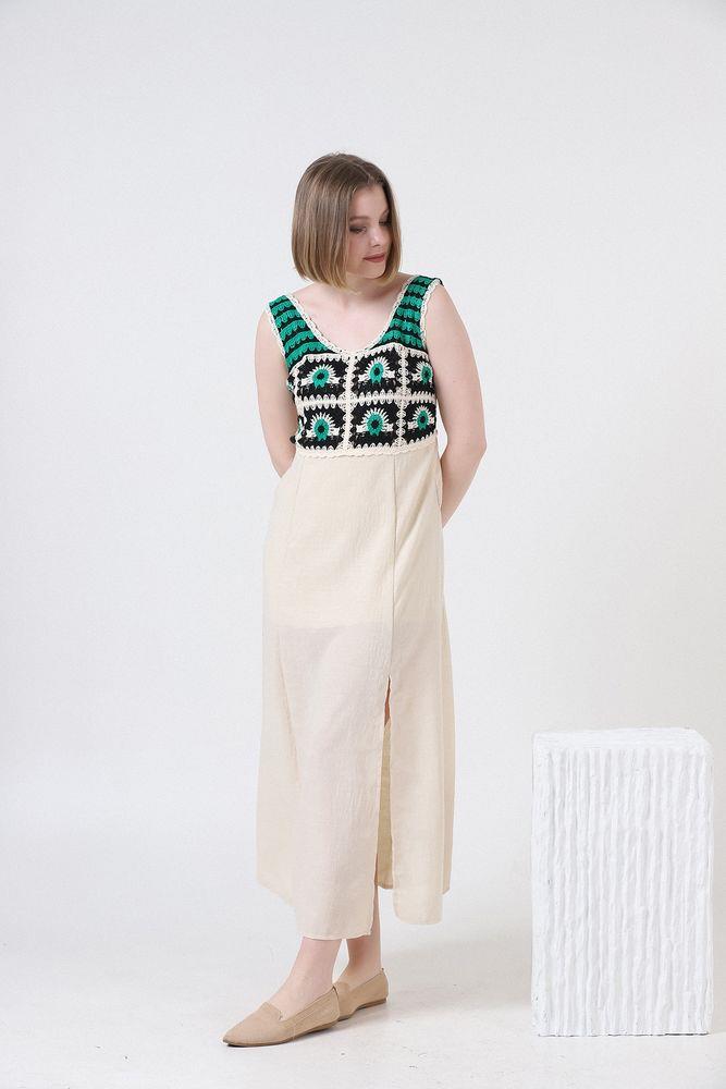 Topshow Stone Emerald Body Applique Straps Linen Wholesale Dress