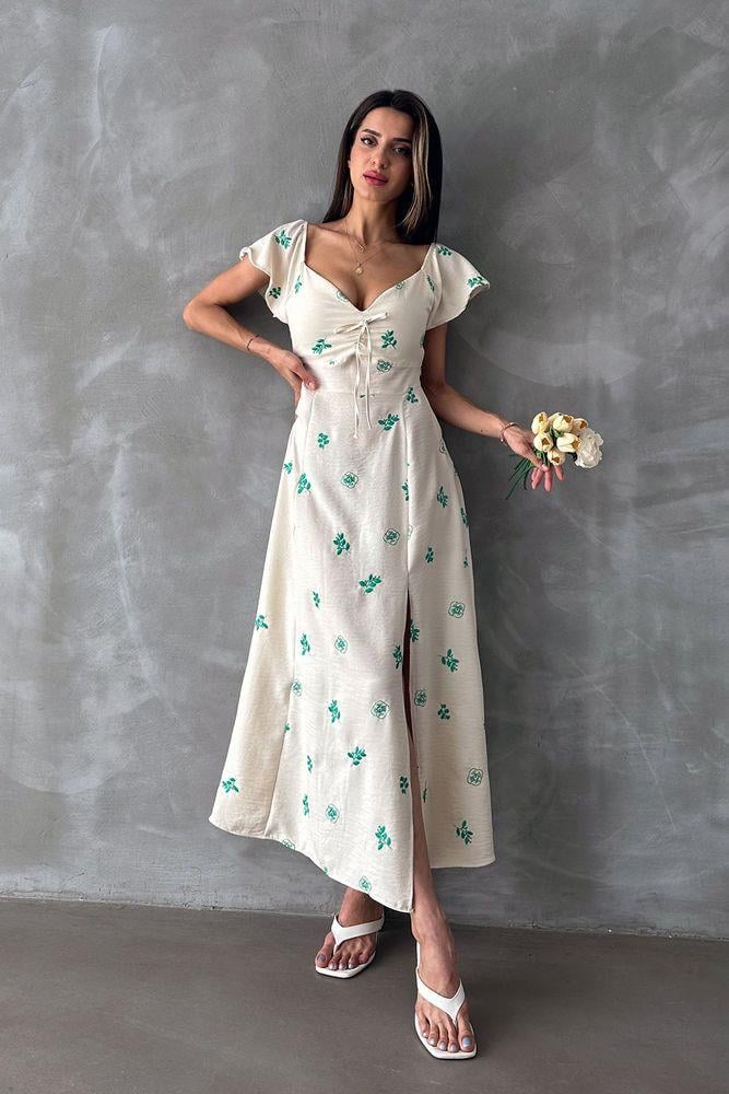 Topshow Emerald Pattern Ruffle Sleeve Tie Wholesale Dress