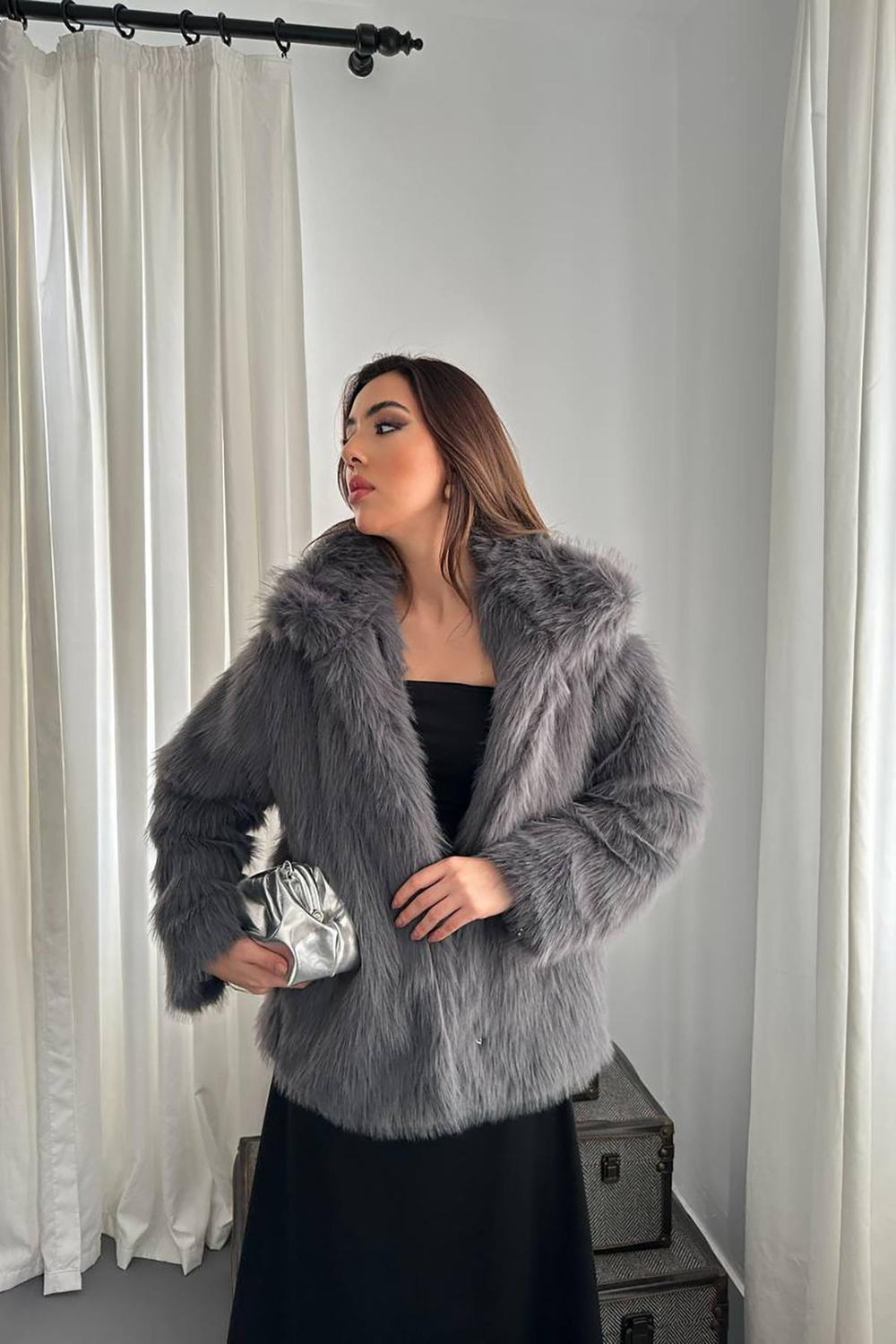 Wholesale Anthracite Faux Fur Coat