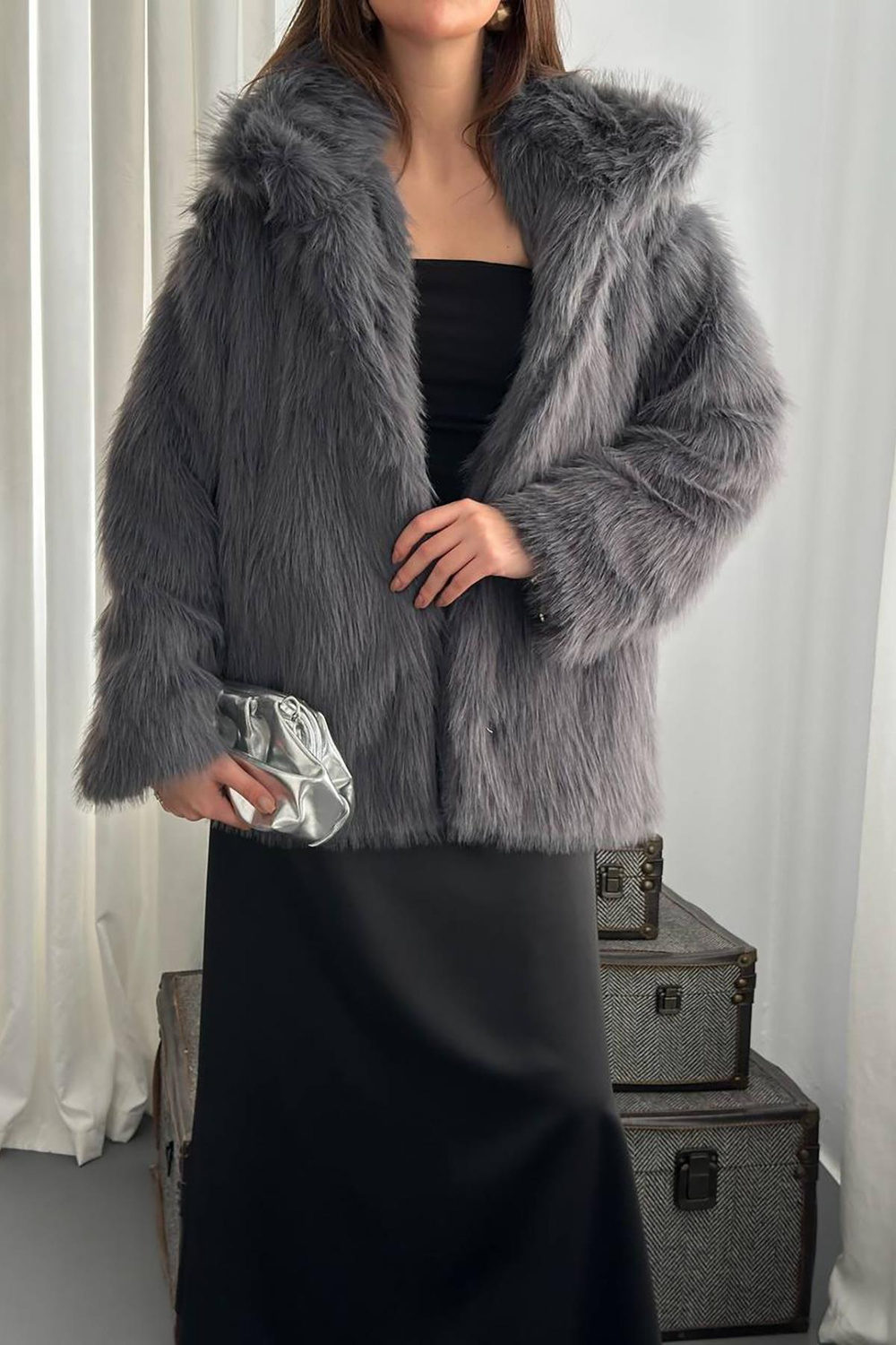 Wholesale Anthracite Faux Fur Coat