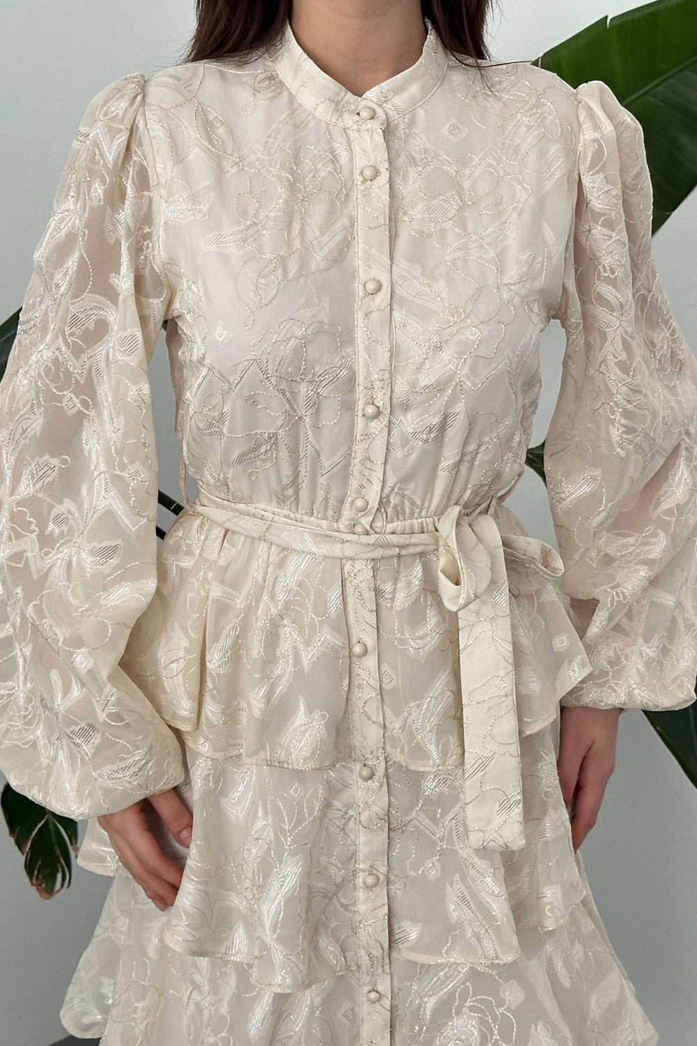 Wholesale Beige Layered Jacquard Dress