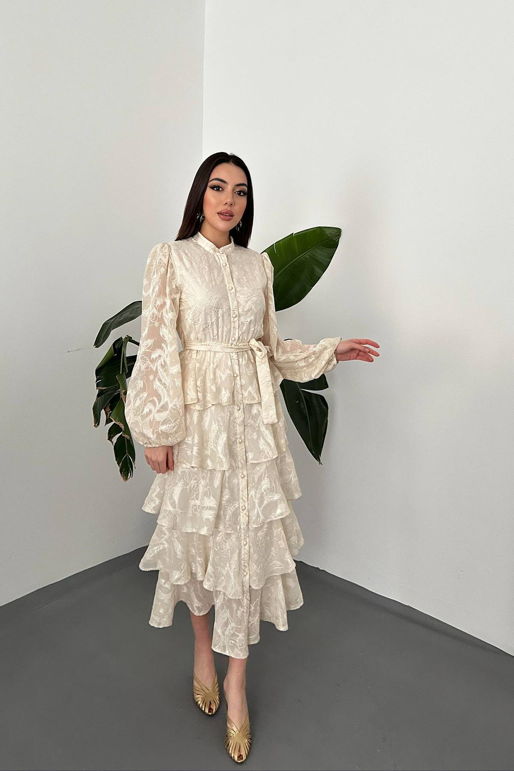 Wholesale Beige Layered Jacquard Dress