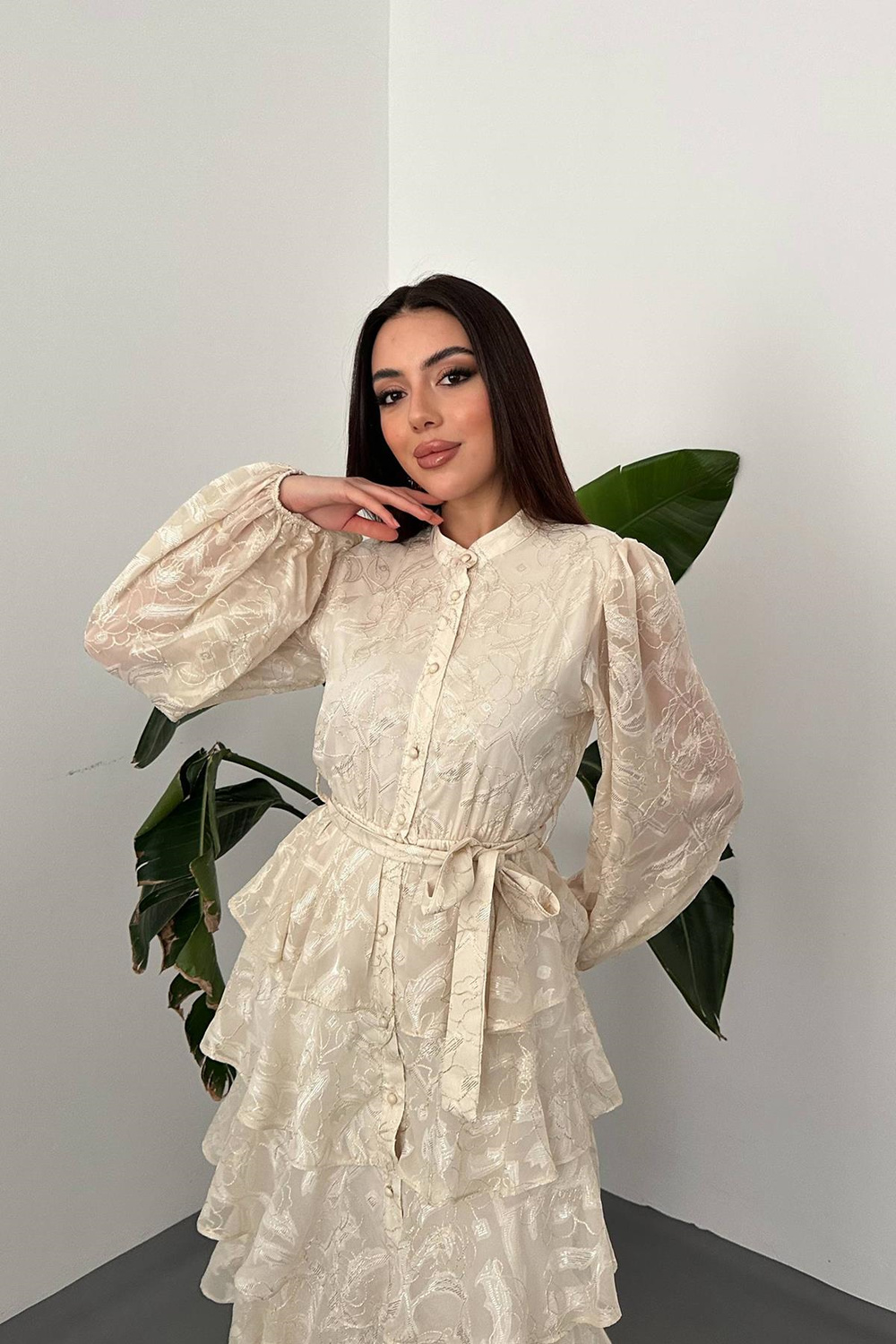 Wholesale Beige Layered Jacquard Dress