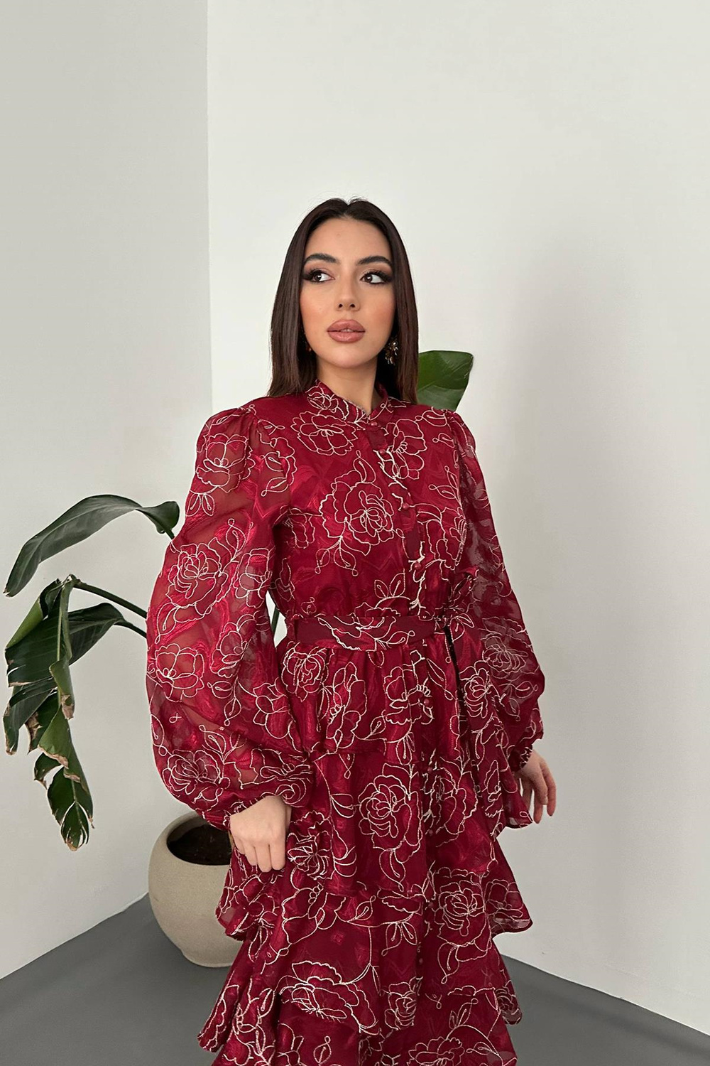 Wholesale Burgundy Layered Jacquard Dress