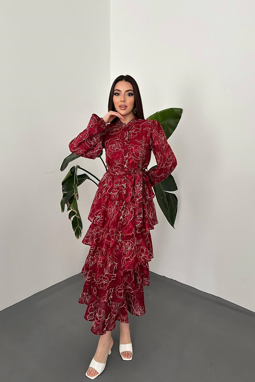 Wholesale Burgundy Layered Jacquard Dress