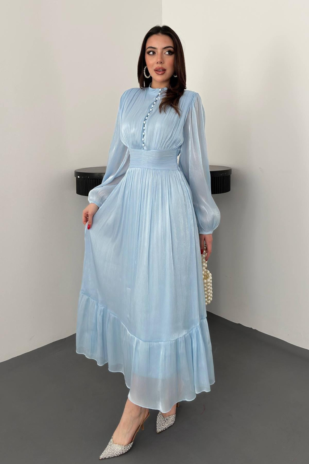 Wholesale Baby Blue Shirred Dress with Matching Belt