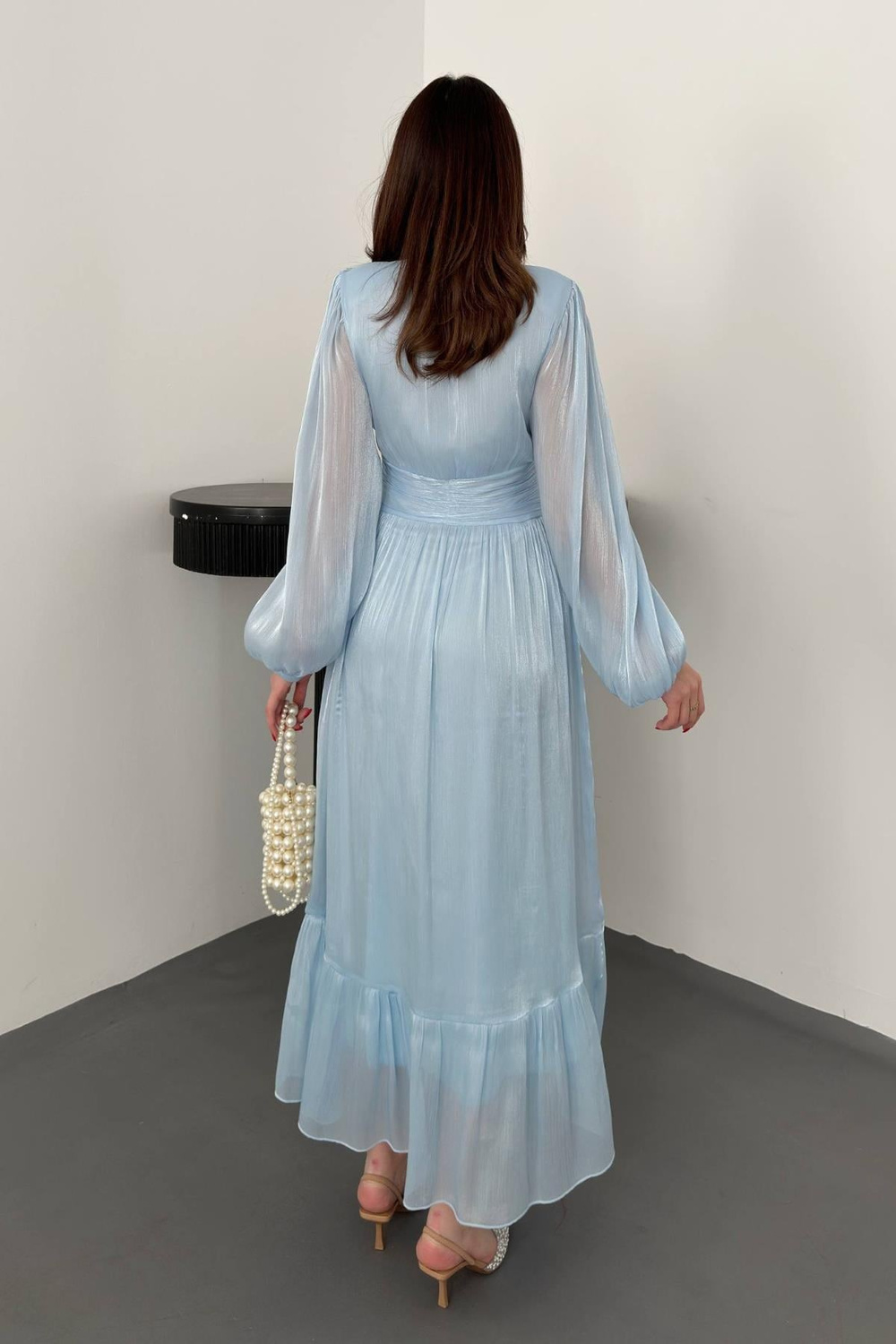 Wholesale Baby Blue Shirred Dress with Matching Belt