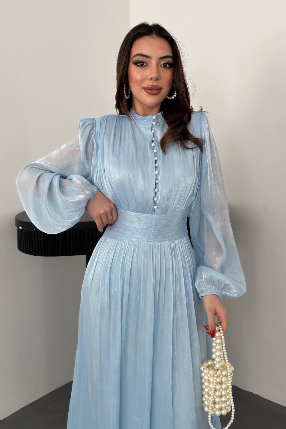 Wholesale Baby Blue Shirred Dress with Matching Belt
