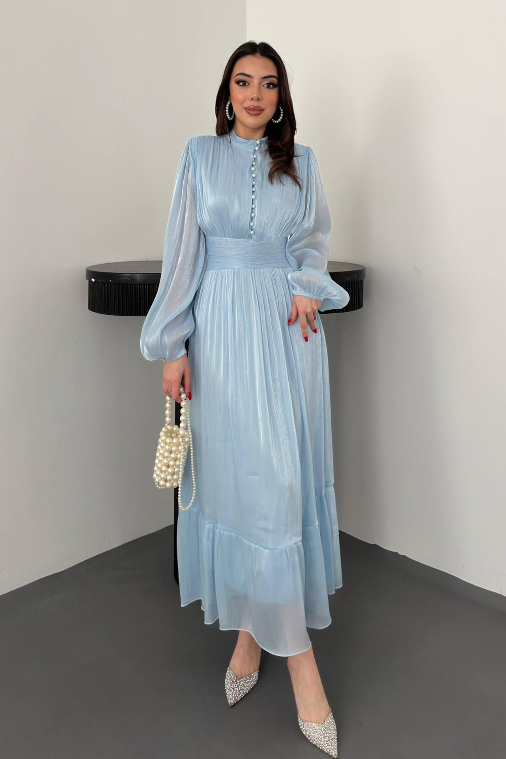 Wholesale Baby Blue Shirred Dress with Matching Belt