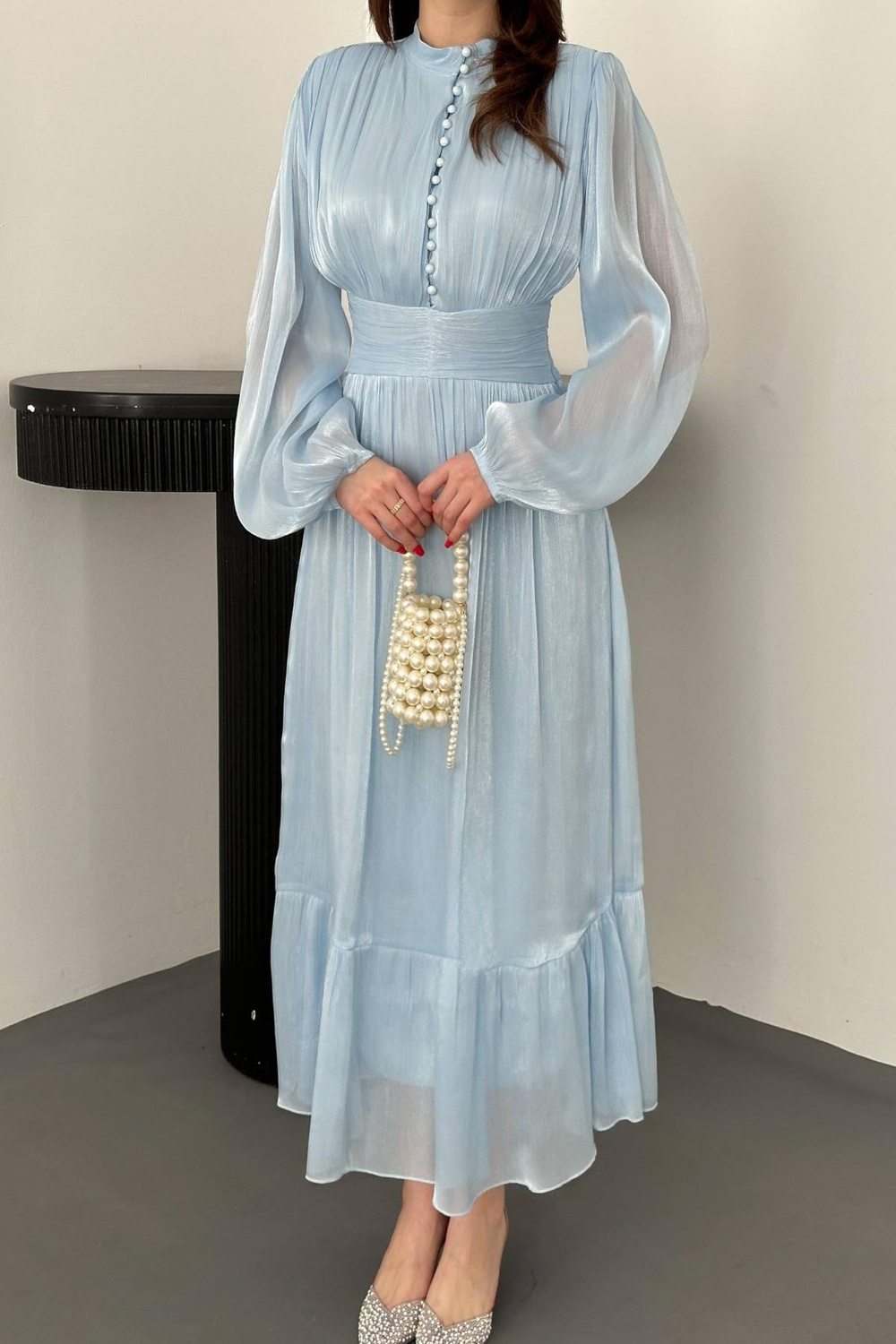 Wholesale Baby Blue Shirred Dress with Matching Belt
