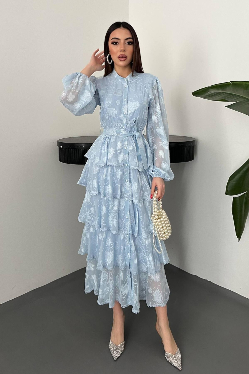 Wholesale Baby Blue Layered Ruffled Dress