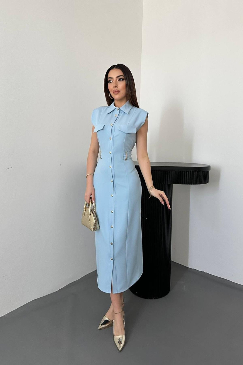 Wholesale Baby Blue Satin Dress with Belt Accessory