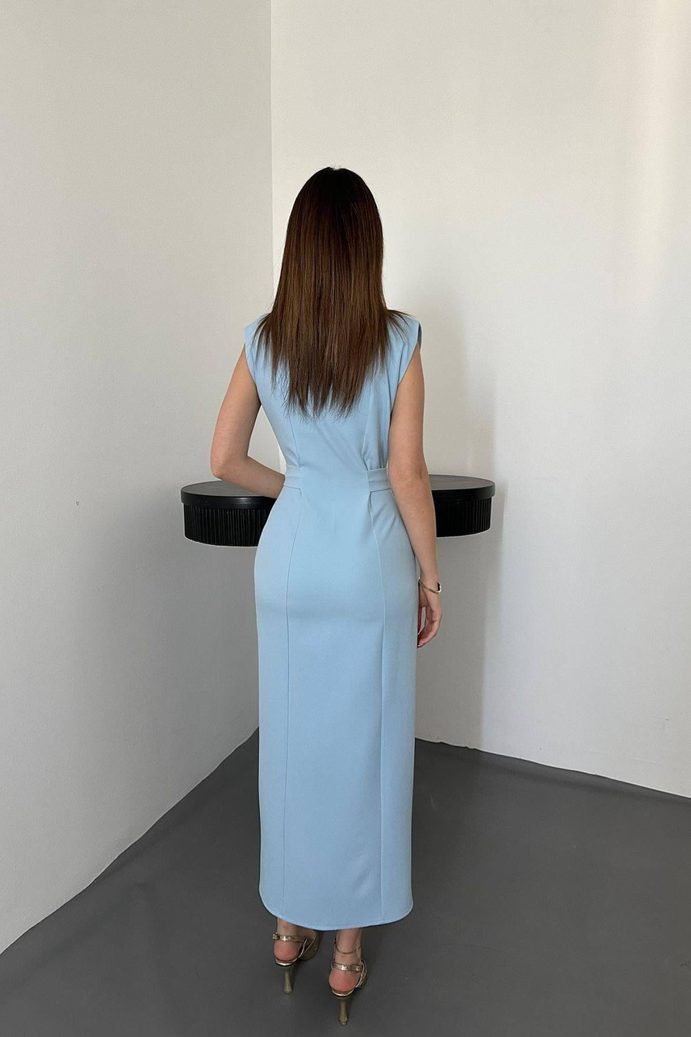 Wholesale Baby Blue Satin Dress with Belt Accessory