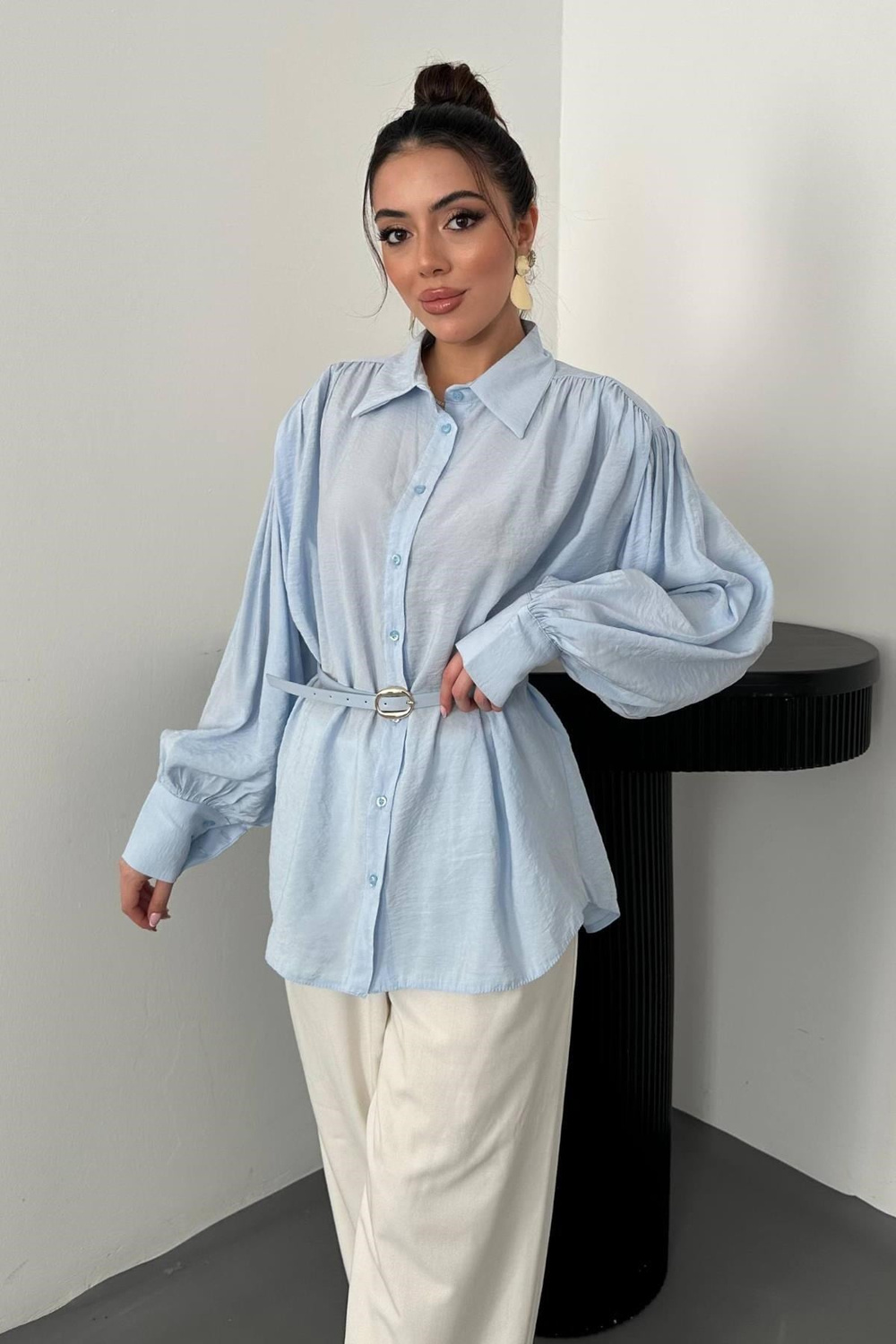 Wholesale Baby Blue Modal Shirt with Belt