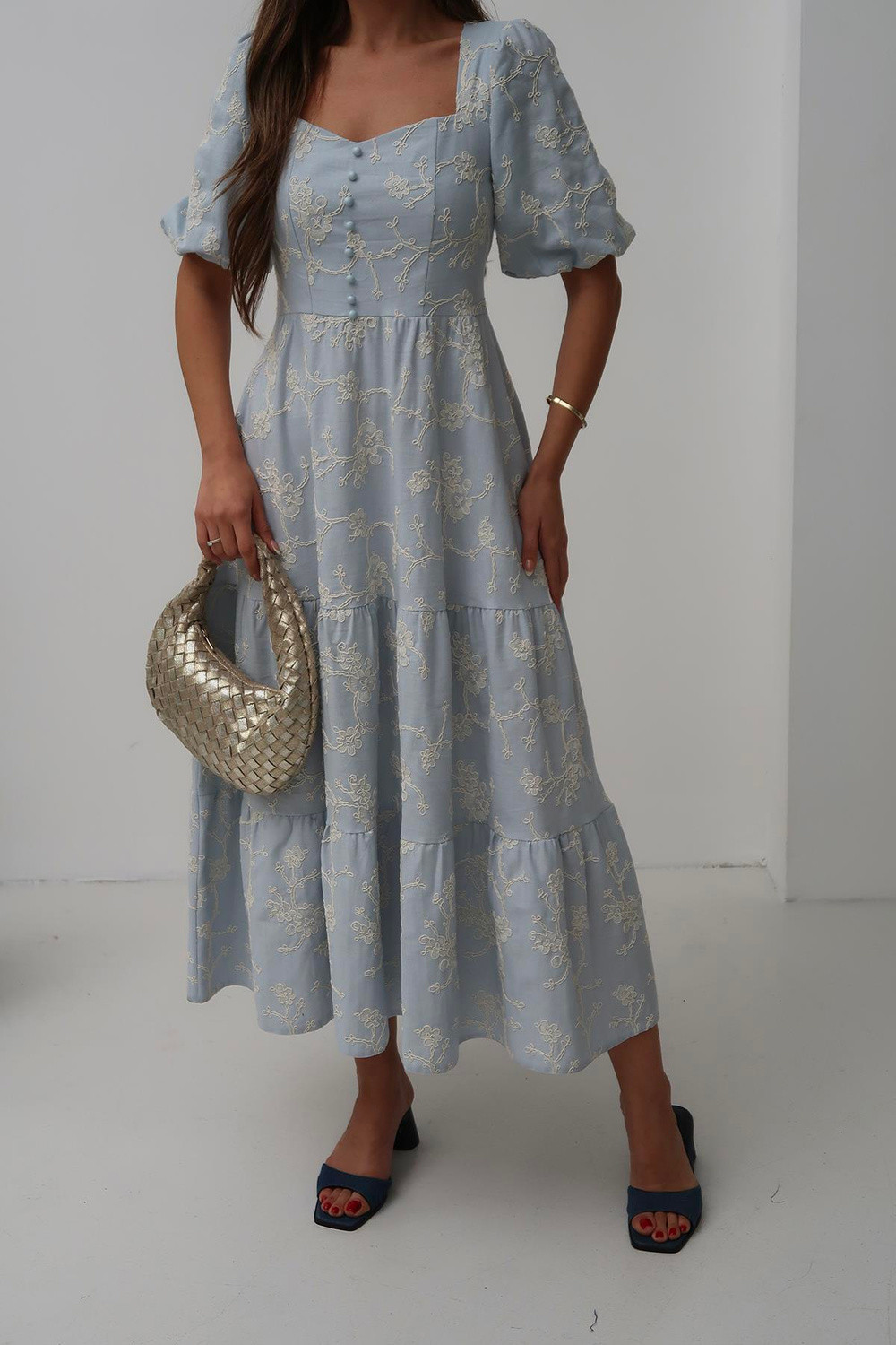 Wholesale Baby Blue Balloon Sleeve Dress with Decorative Buttons