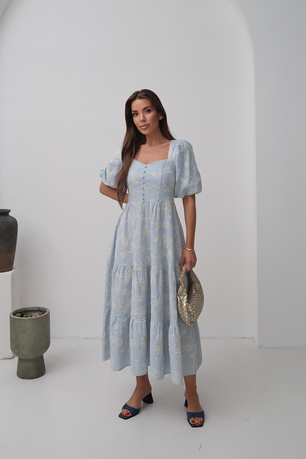 Wholesale Baby Blue Balloon Sleeve Dress with Decorative Buttons