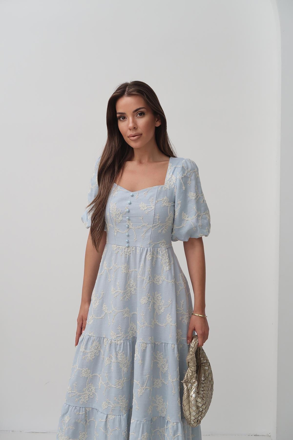 Wholesale Baby Blue Balloon Sleeve Dress with Decorative Buttons