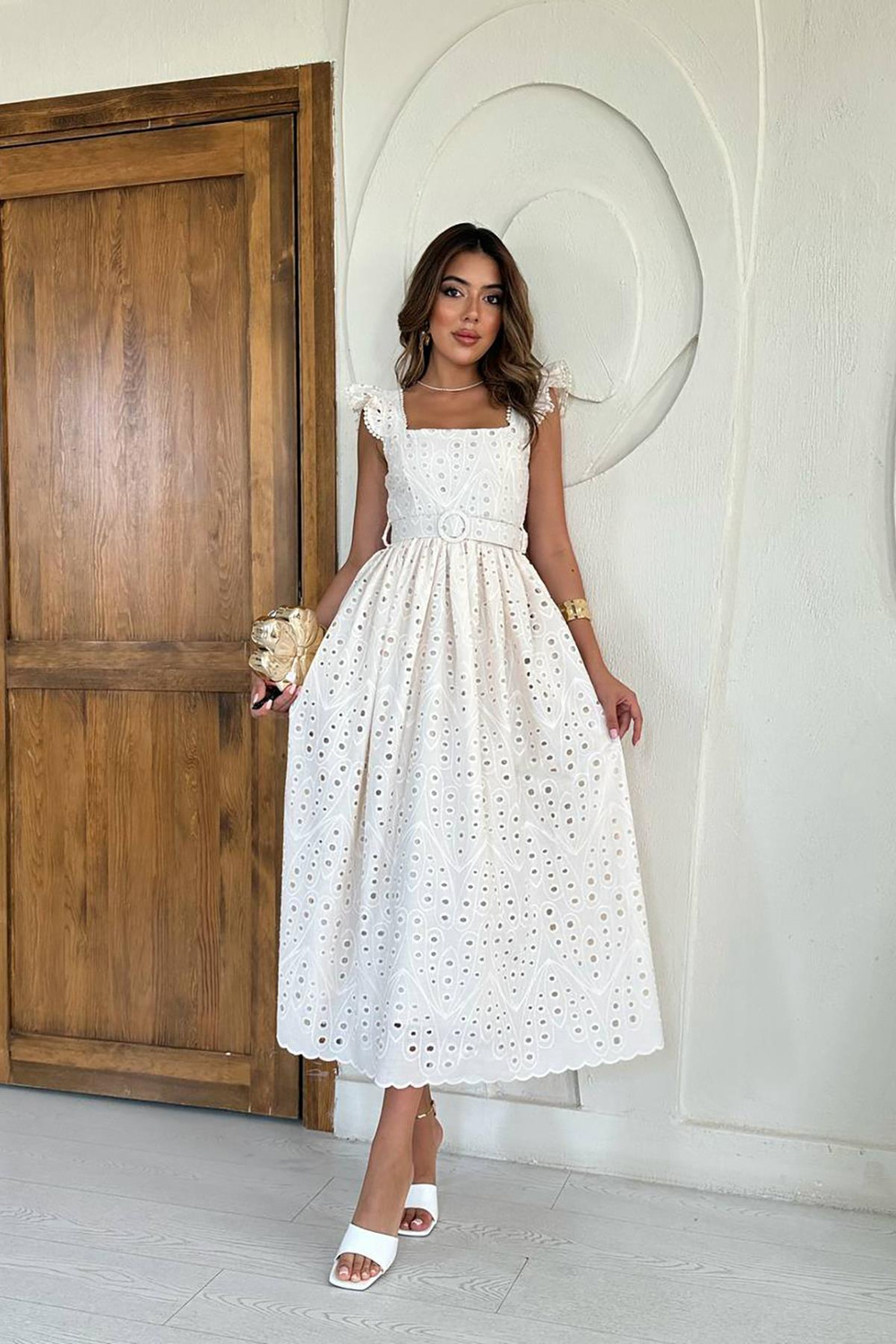 Wholesale Beige Lace Embroidered Dress