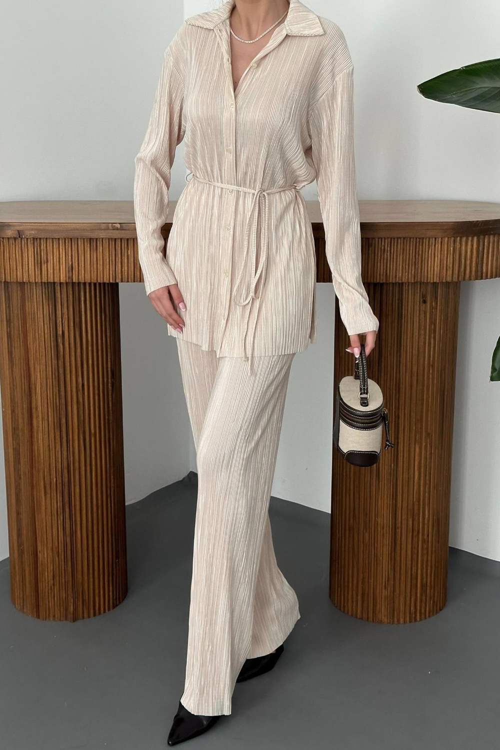 Wholesale Beige Pleated Shirt and Pants Set