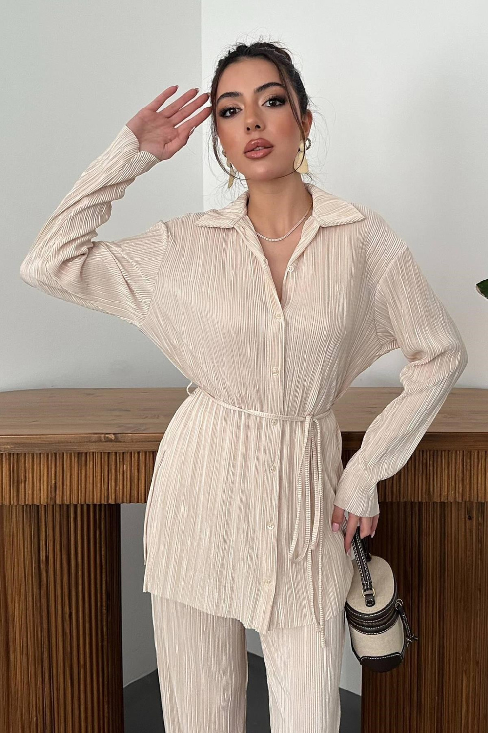 Wholesale Beige Pleated Shirt and Pants Set