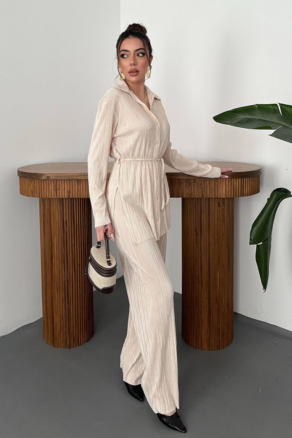 Wholesale Beige Pleated Shirt and Pants Set