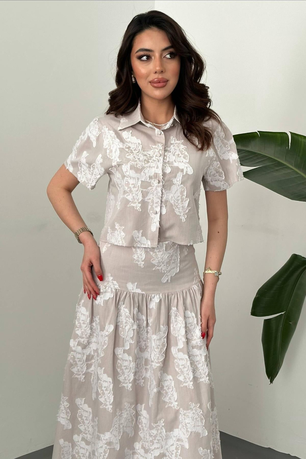 Wholesale Beige Cropped Shirt and Corset Skirt Set