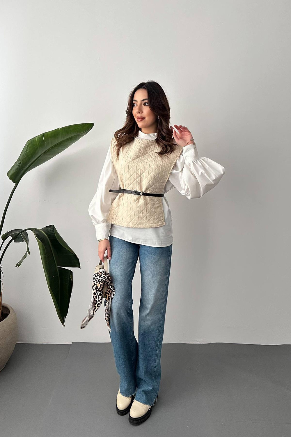 Wholesale Belted Shirt And Poncho Suit - Beige