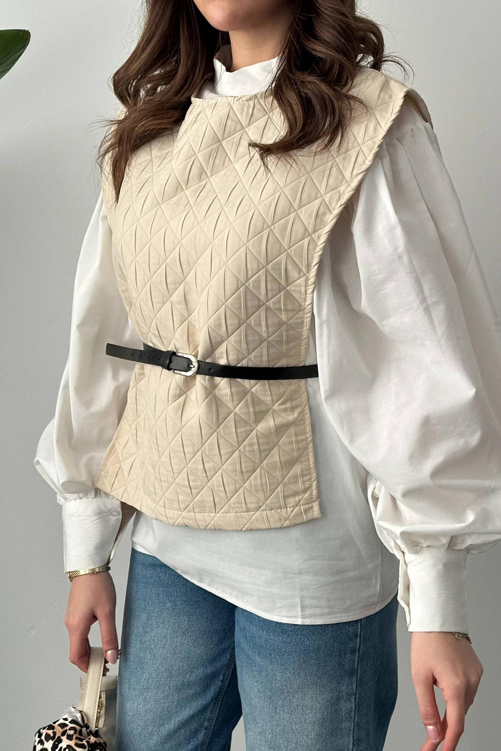 Wholesale Belted Shirt And Poncho Suit - Beige
