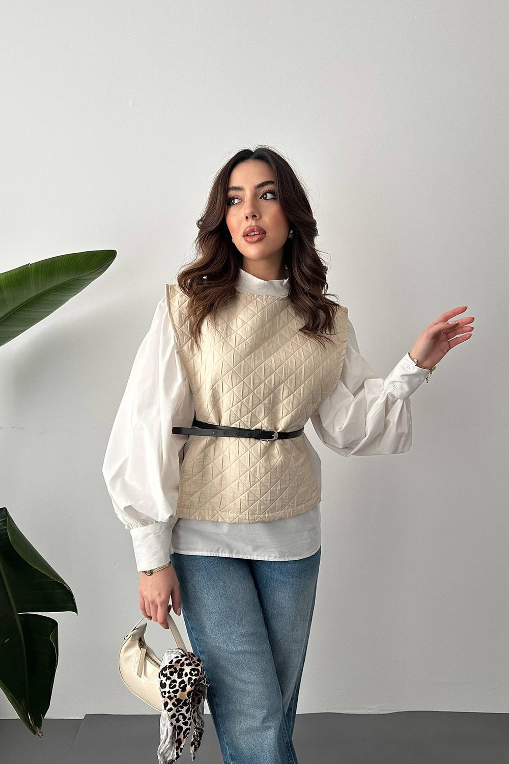 Wholesale Belted Shirt And Poncho Suit - Beige