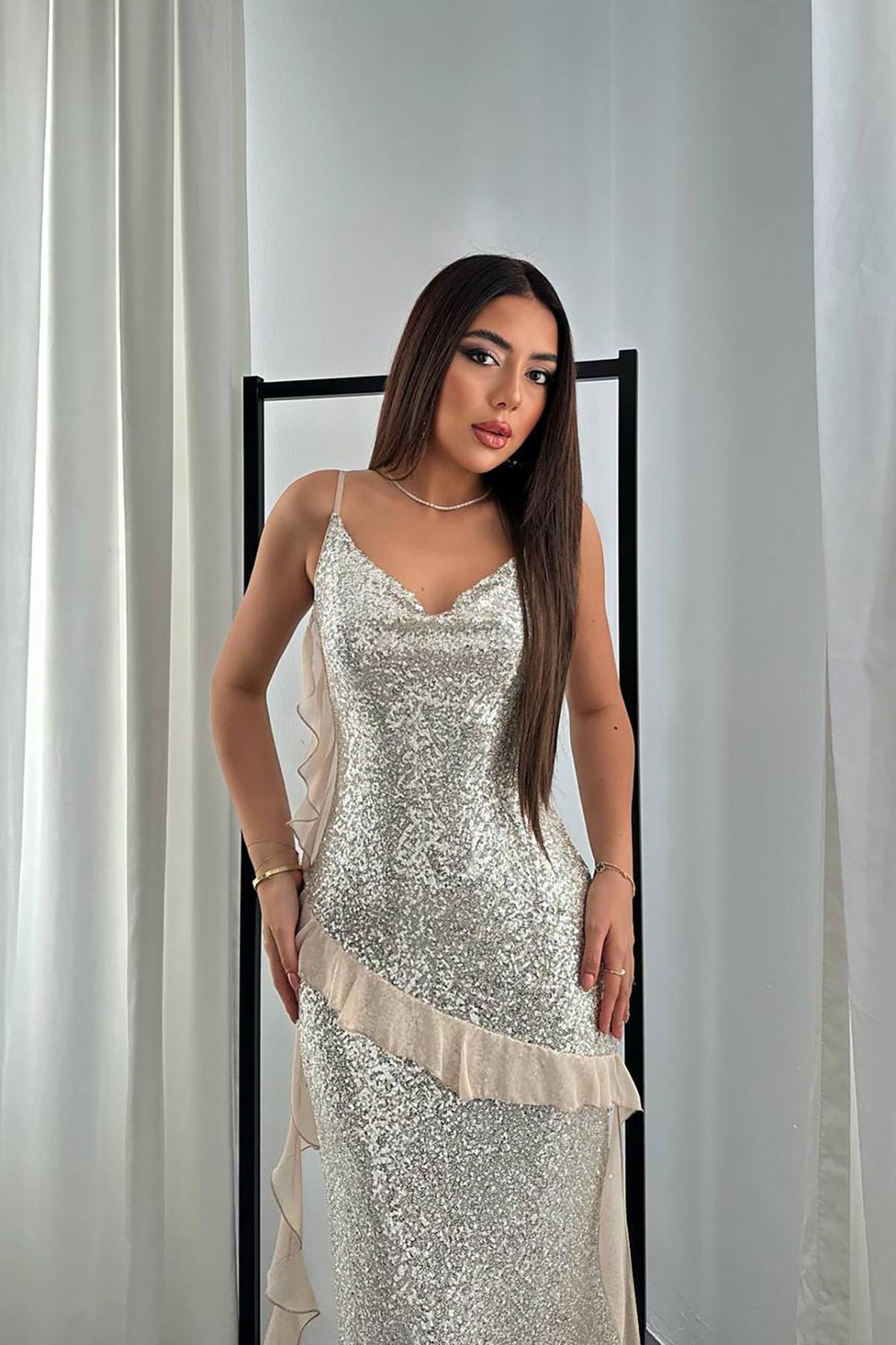 Wholesale Beige Sequin Dress with Chiffon Ruffle