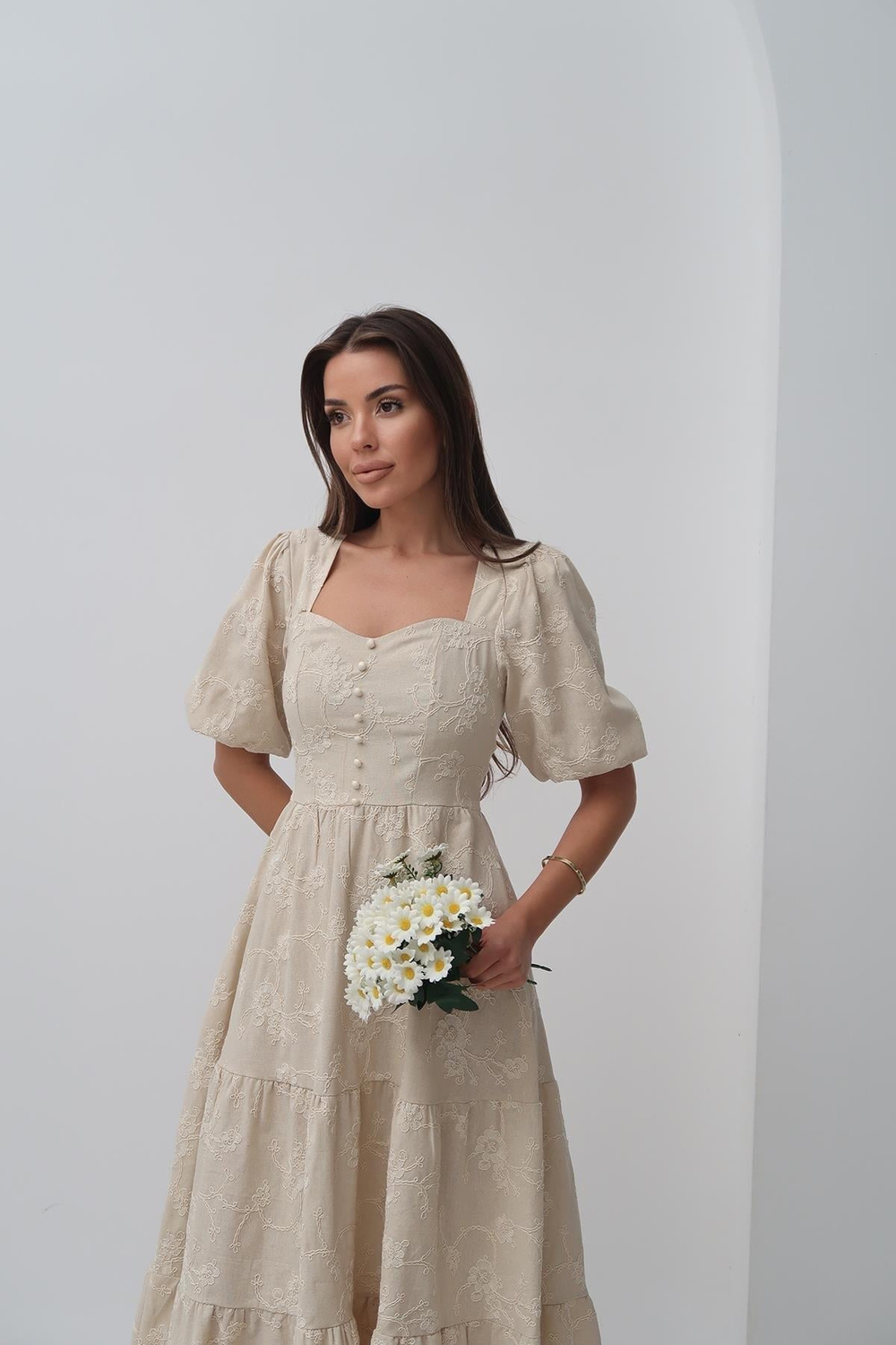 Wholesale Beige Balloon Sleeve Dress with Decorative Buttons