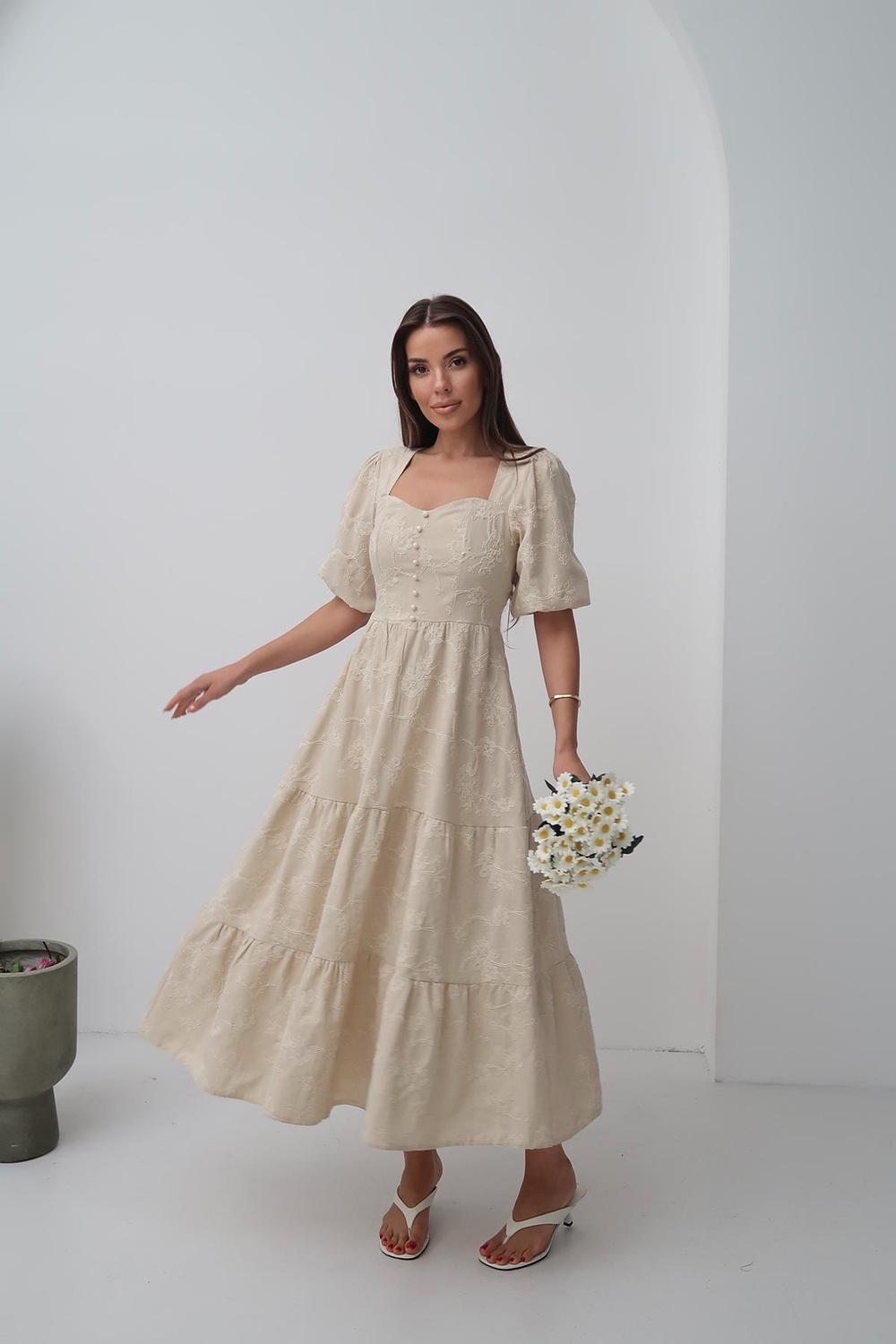 Wholesale Beige Balloon Sleeve Dress with Decorative Buttons