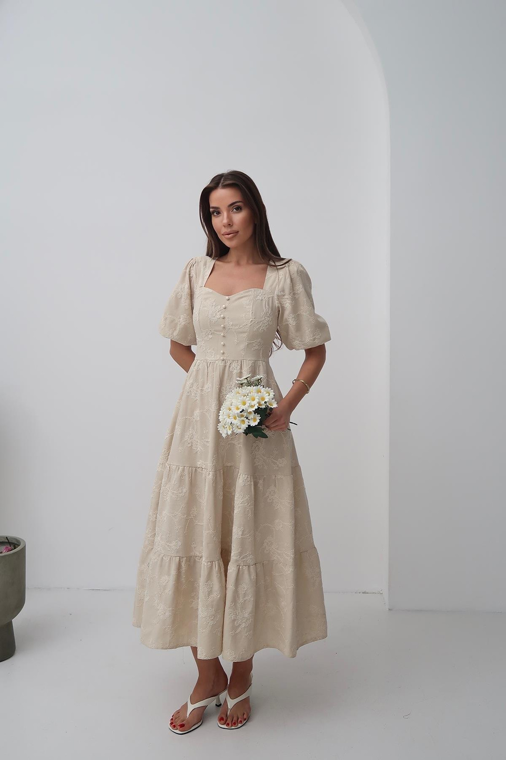 Wholesale Beige Balloon Sleeve Dress with Decorative Buttons